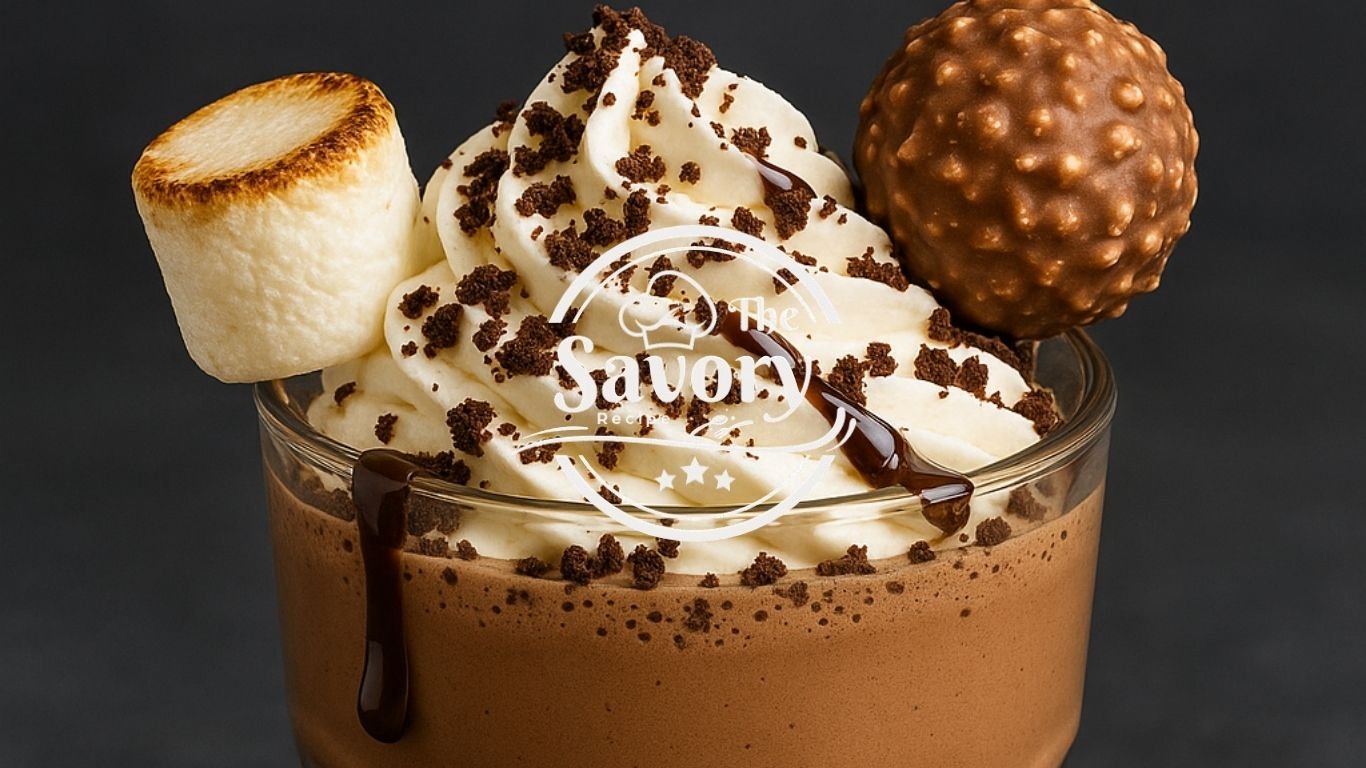 Nutella milkshake topped with whipped cream and chocolate drizzle
