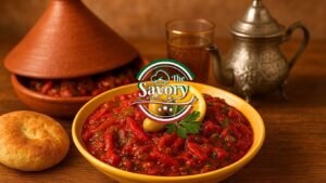 Savor the bold, sun-drenched flavors of Taktouka, a traditional Moroccan pepper and tomato salad that’s as colorful as it is delicious. Made by simmering roasted green peppers with grated tomatoes, garlic, olive oil, and warm spices like paprika and cumin, this flavorful cooked salad is a staple in Moroccan cuisine. Served warm or at room temperature, it pairs beautifully with fresh bread and works perfectly as a mezze, side dish, or light vegan main. Bursting with smoky notes and natural sweetness, Taktouka offers a simple yet satisfying taste of North African home cooking healthy, aromatic, and deeply comforting.